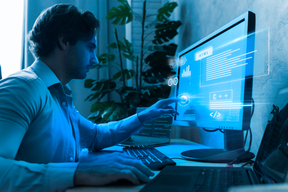 Ondernemer bekijkt AI gegenereerde website naast maatwerk webdesign
